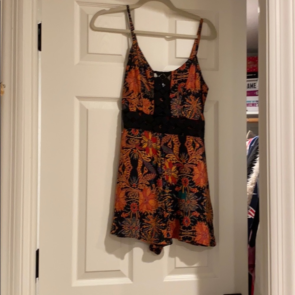Topshop Orange and Black Floral Romper with cutout